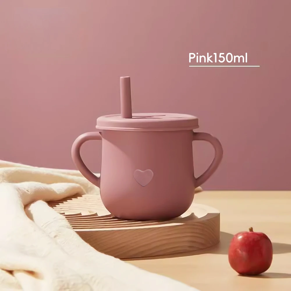 식품 등급 실리콘 소재  물컵, 화상 방지 및 낙하 방지 어린이 빨대 컵, 150ml