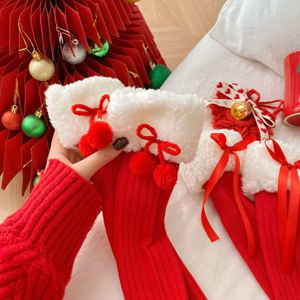Casual Female Hosiery New Year Red Socks Cotton Thicken Children Red Socks Bow Floor Socks Middle Tube Socks For Girl