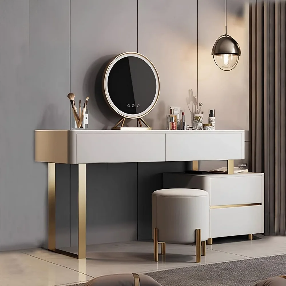 Makeup Vanity Table with Microfiber Leather Chair and Side Cabinet and Lights Mirror, Makeup Vanity with 4 Drawers, Vanity Set 6