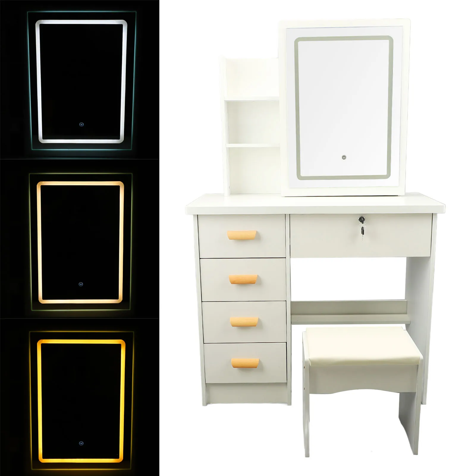 Makeup Table Dressing Table Modern Multi Functional Lighted Mirror Vanity Desk with Drawers Shelves Padded Stool for Bedroom 4