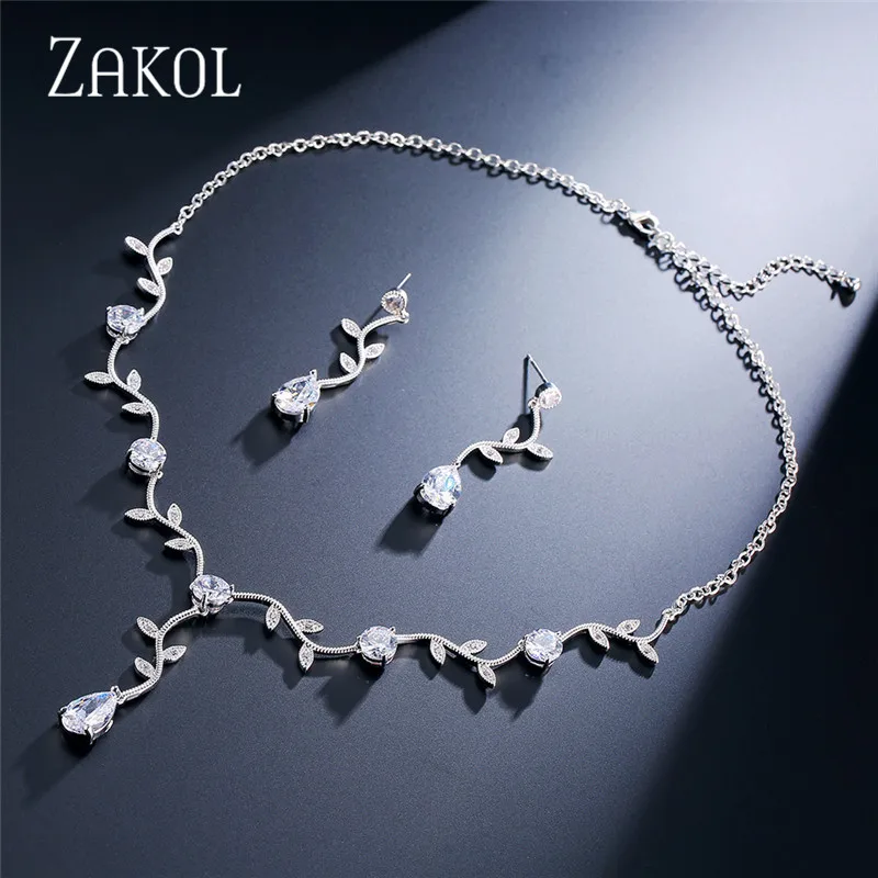 ZAKOL Classic White Rose Gold Color Cubic Zirconia Bridal Jewelry Sets Leaf Shape Choker Earrings