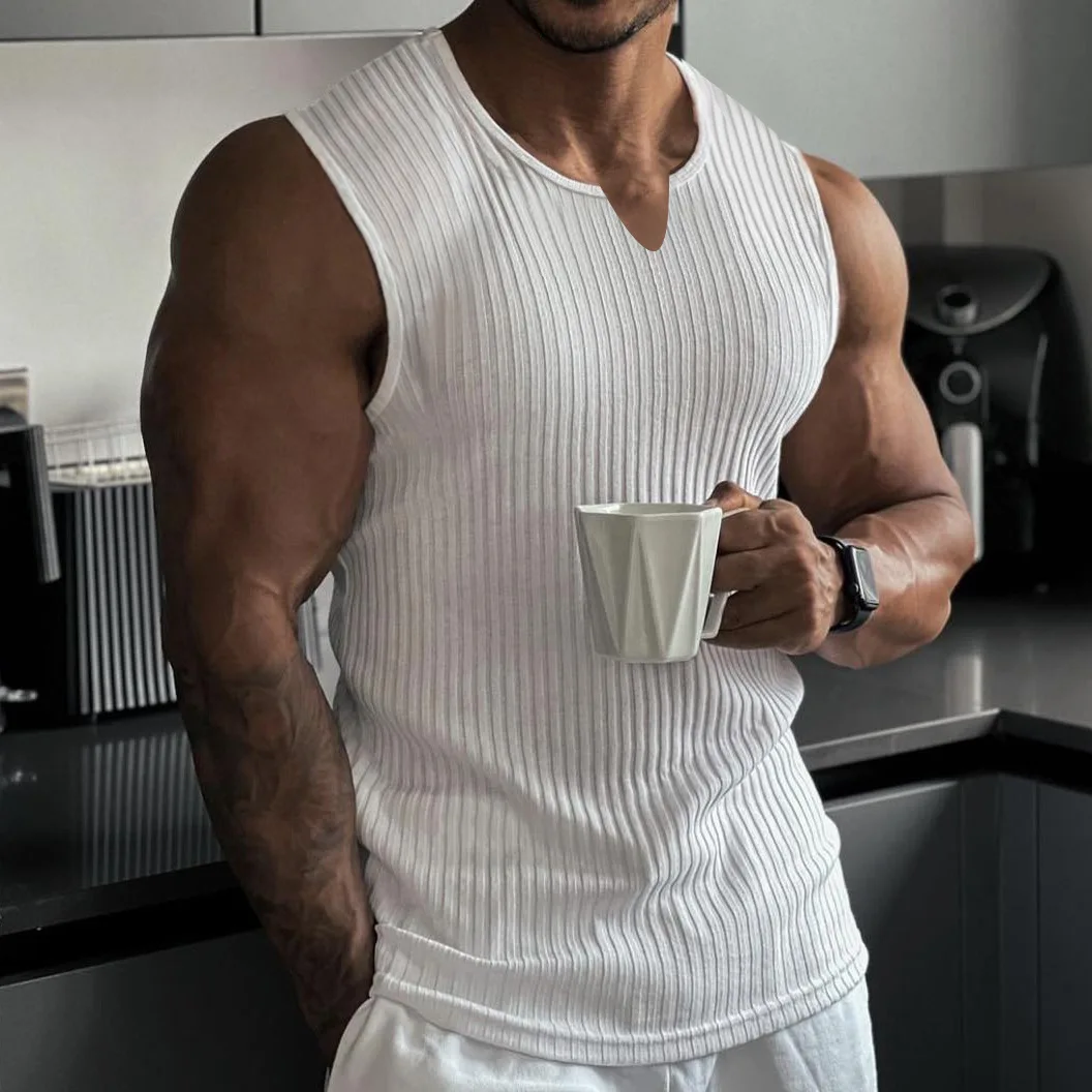 

New Men's V-Neck Tank Top Gym Fitness Sleeveless Striped Tank Top Casual Trend Solid Color Quick Drying Tank Top