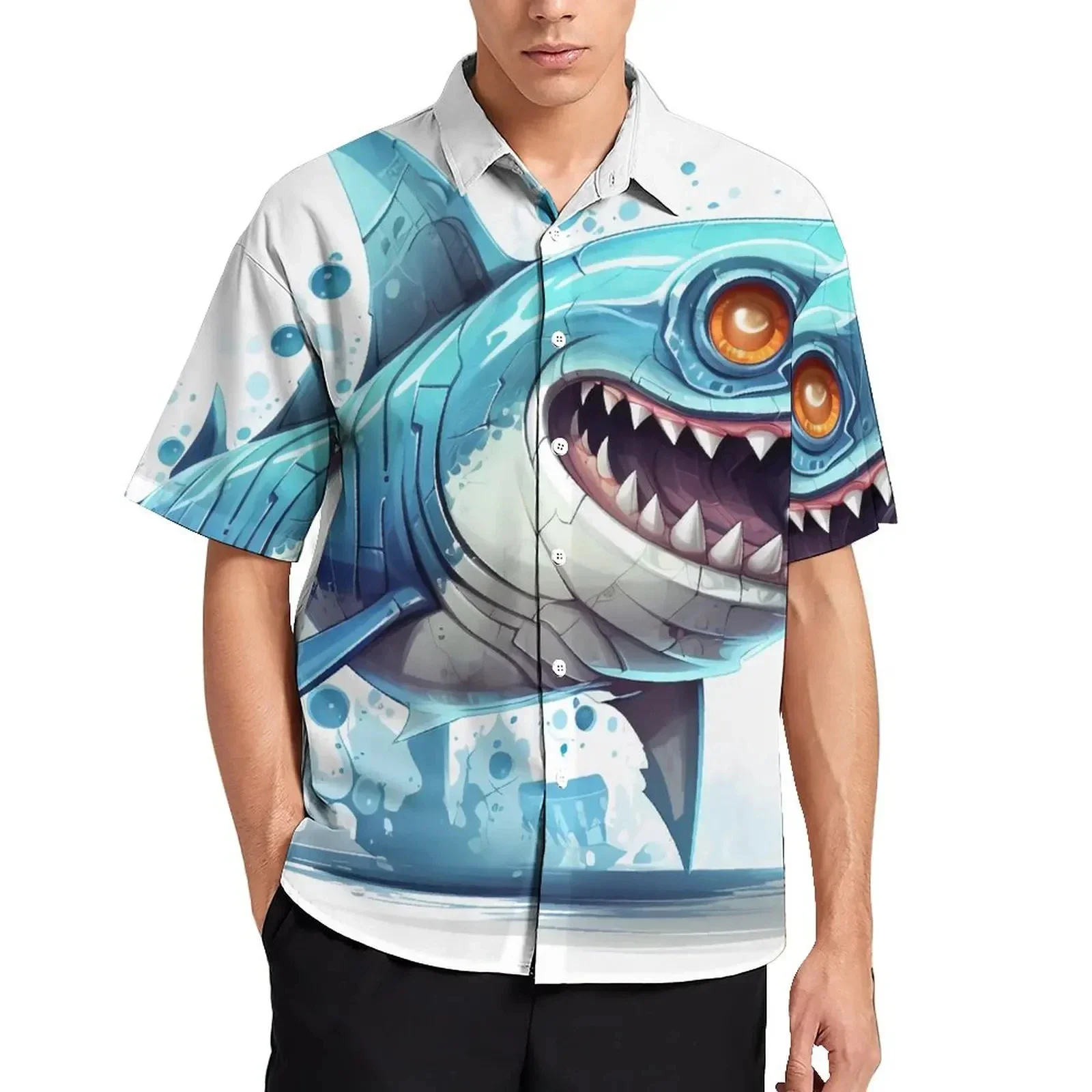 Men's short-sleeved shirts with handsome shark print, casual and fashionable, large size comfortable men's shirts for summer new