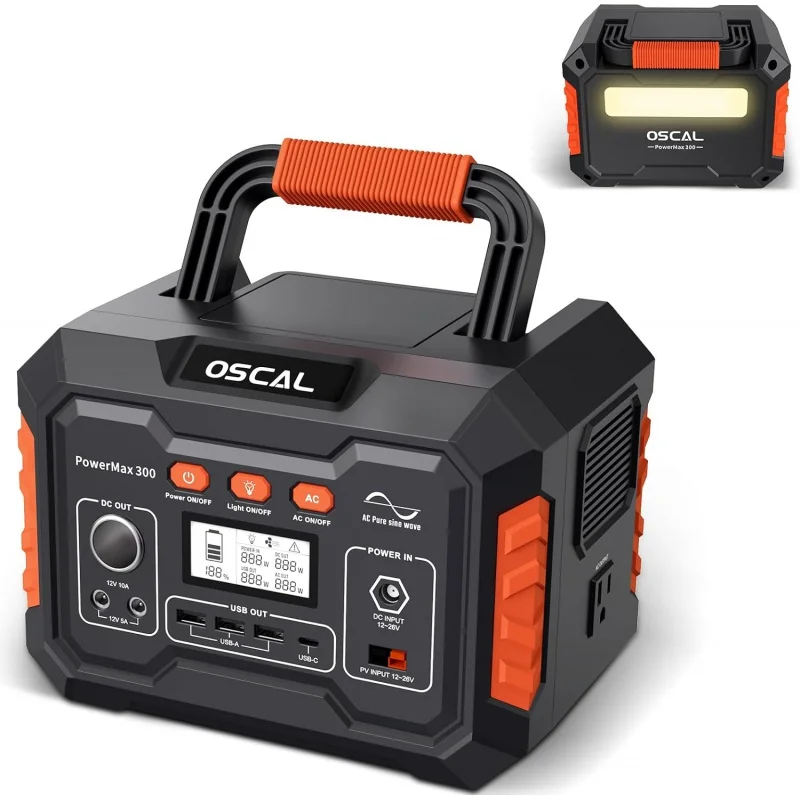 

OSCAL Portable Power Station 300W (Peak 600W), Solar Generator with PD 60W Output, 8 Charging Outlets with LED Light, 110V/266Wh