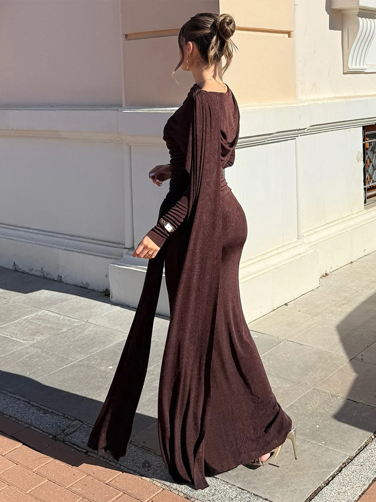 Nibber Fashion Ruched Casual Maxi Dress Woman Elegant o-Neck Full Sleeve Ribbon Decoration Daily Versatile Style Skinny Vestidos