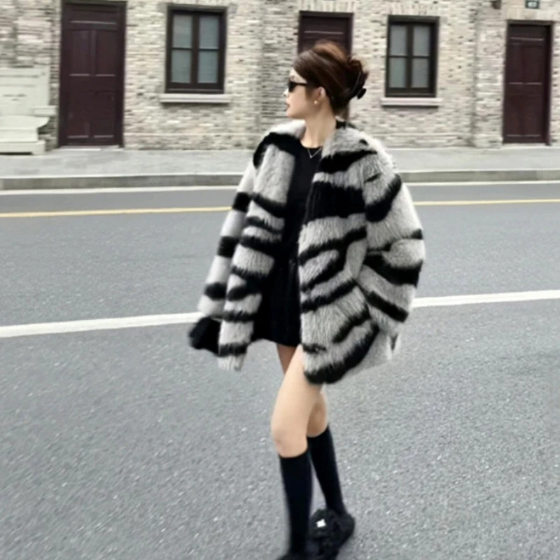Winter Vintage Thick Warm Faux Fur Coat Women Fluffy Jacket Zebra Print Fur Coat Plus Size Korean Fashion Cardigan Outerwear Top