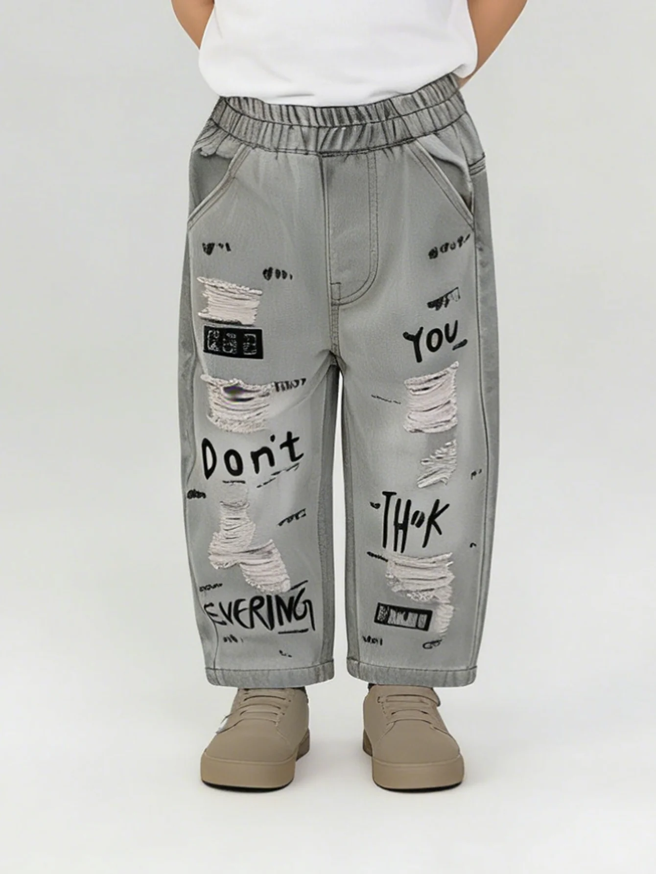 소년용 그레이 워싱 데미지 진 키즈 그래피티 프린트 와이드 레그 데님 팬츠 아동용 엘라스틱 허리 스트리트웨어 바지 2026 신상