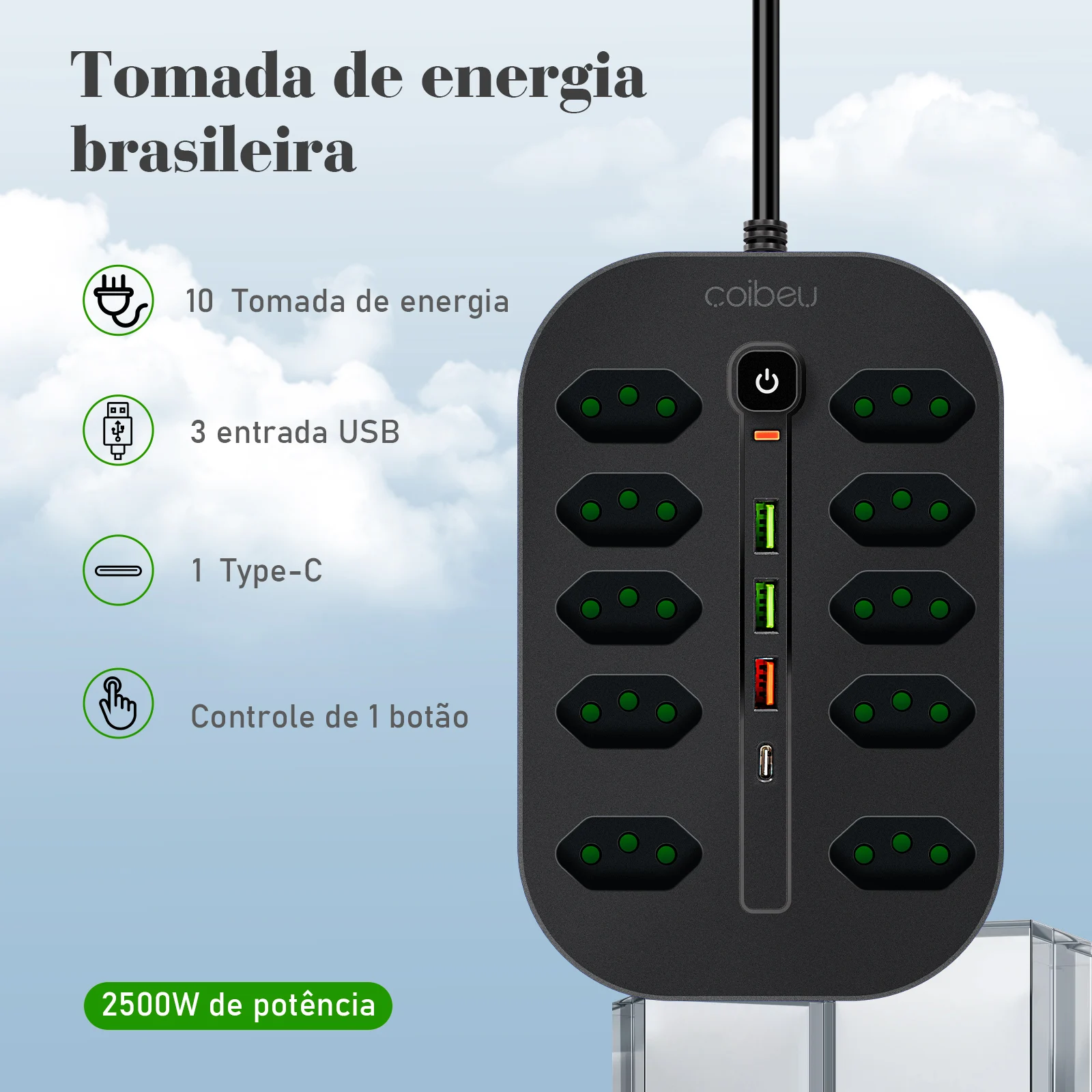 USB Socket Power Outlet Power Extension Type-C USB 2M Extension Socket Filter Line Filter Brazil Plug Water Power Sockets 1