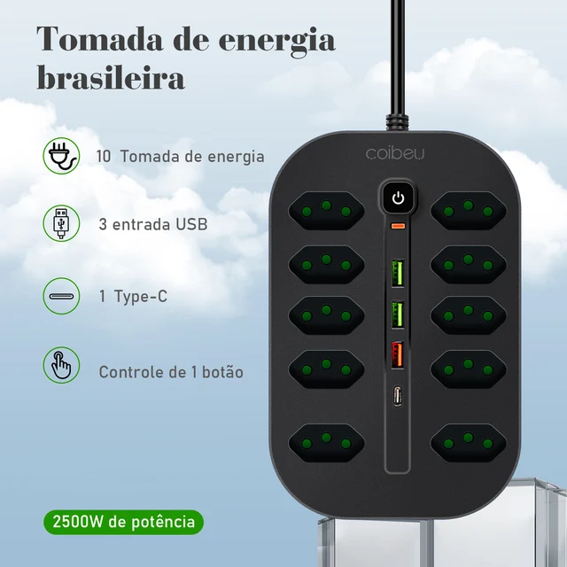 USB Socket Power Outlet Power Extension Type-C USB 2M Extension Socket Filter Line Filter Brazil Plug Water Power Sockets 1