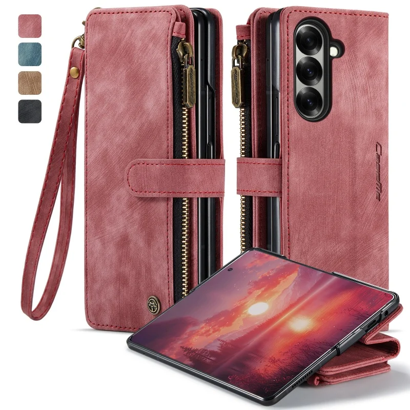 Zipper Leather Wallet Phone Case with Wrist Strap and Card Slots
