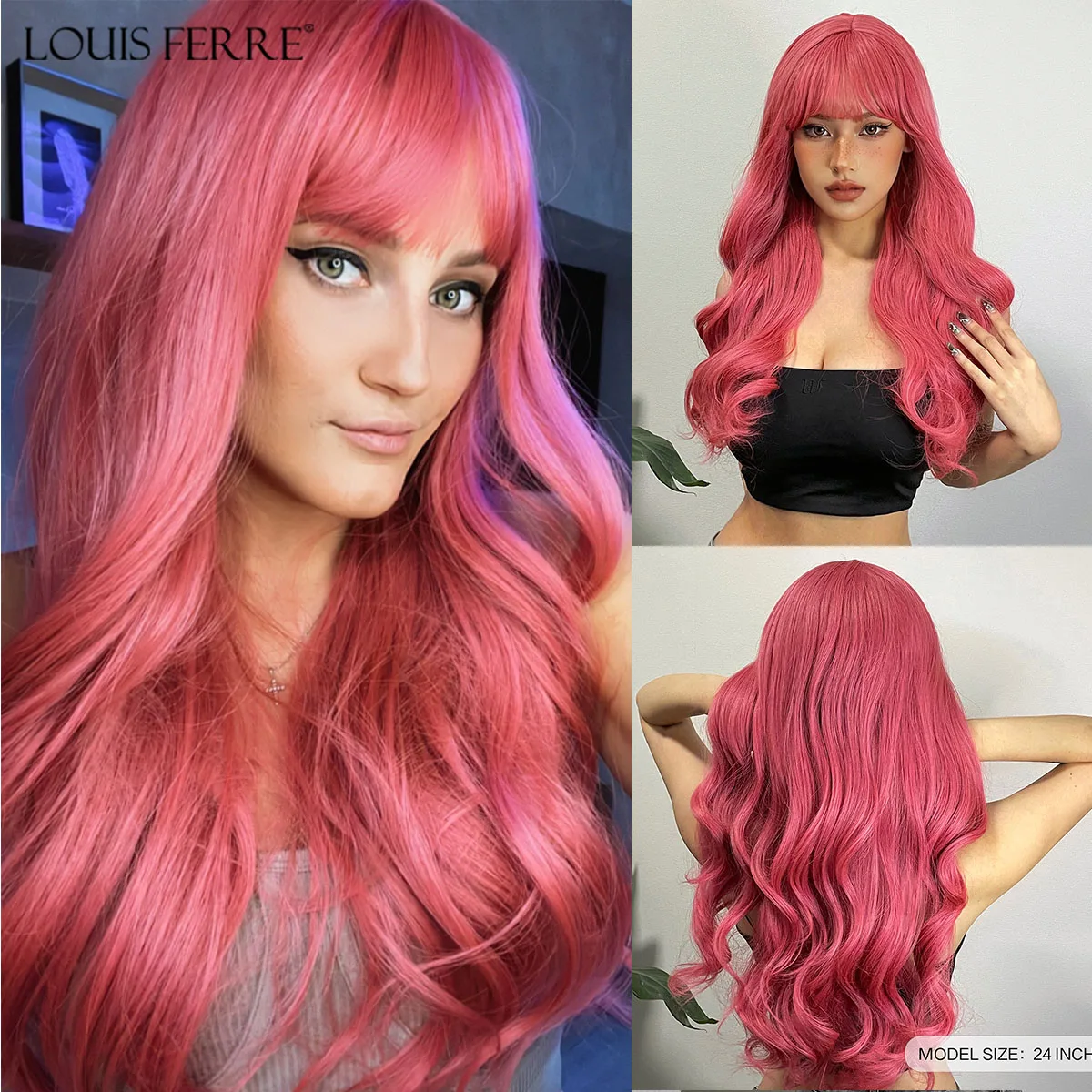 LOUIS FERRE Long Wavy Pink Synthetic Wigs with Bangs for Women Hot Pink Curly Heat Resistant Hair Wig for Cosplay Halloween Use