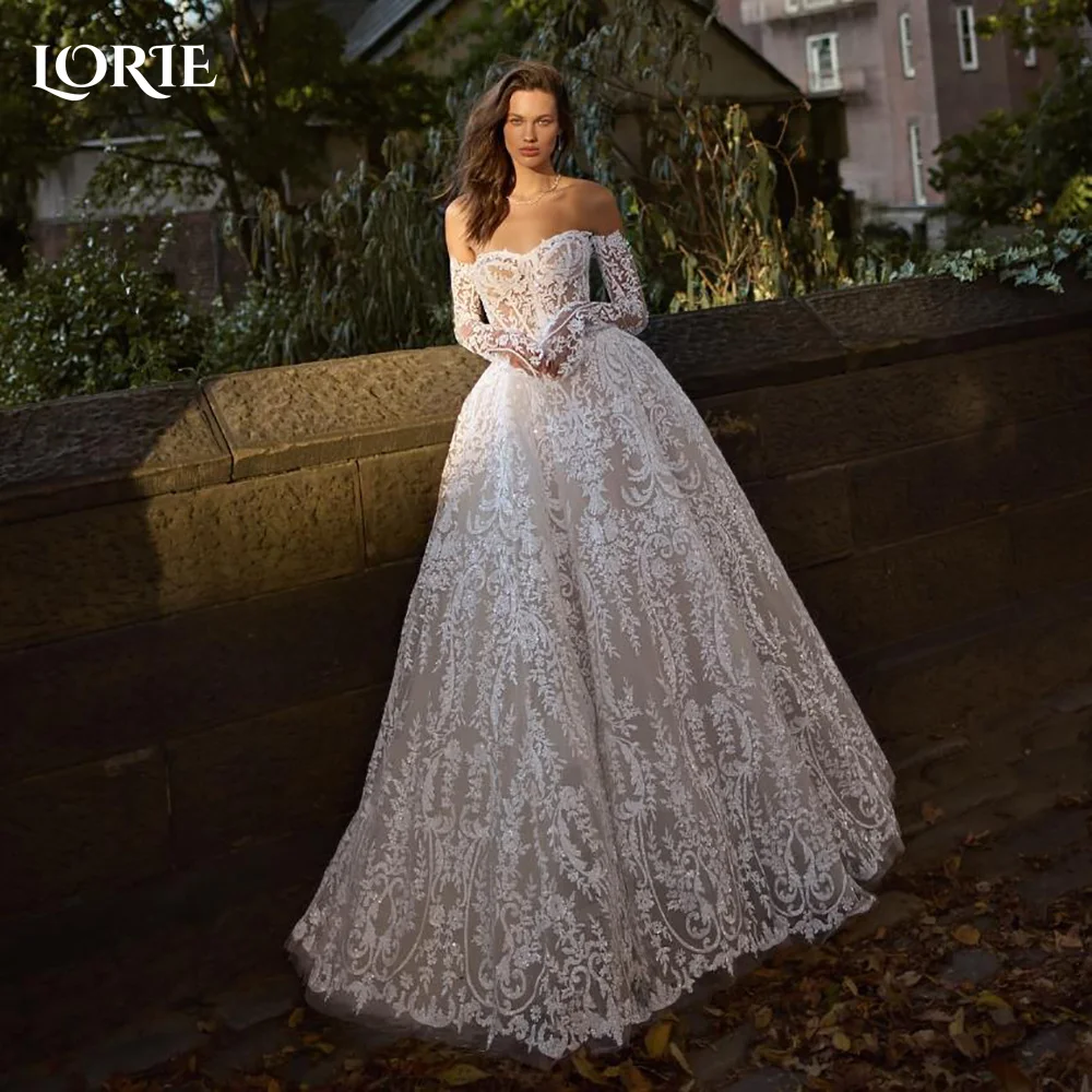 LORIE Vintage Lace A Line Wedding Dresses Long Sleeves Brush Train A Line Appliques Bridal Gown Backless Bride Dress Customized