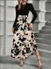 Stylish Color Block Dresses Women Round Neck Long Sleeve Top Floral Printed Dress Autumn Lady Party A Line Dress