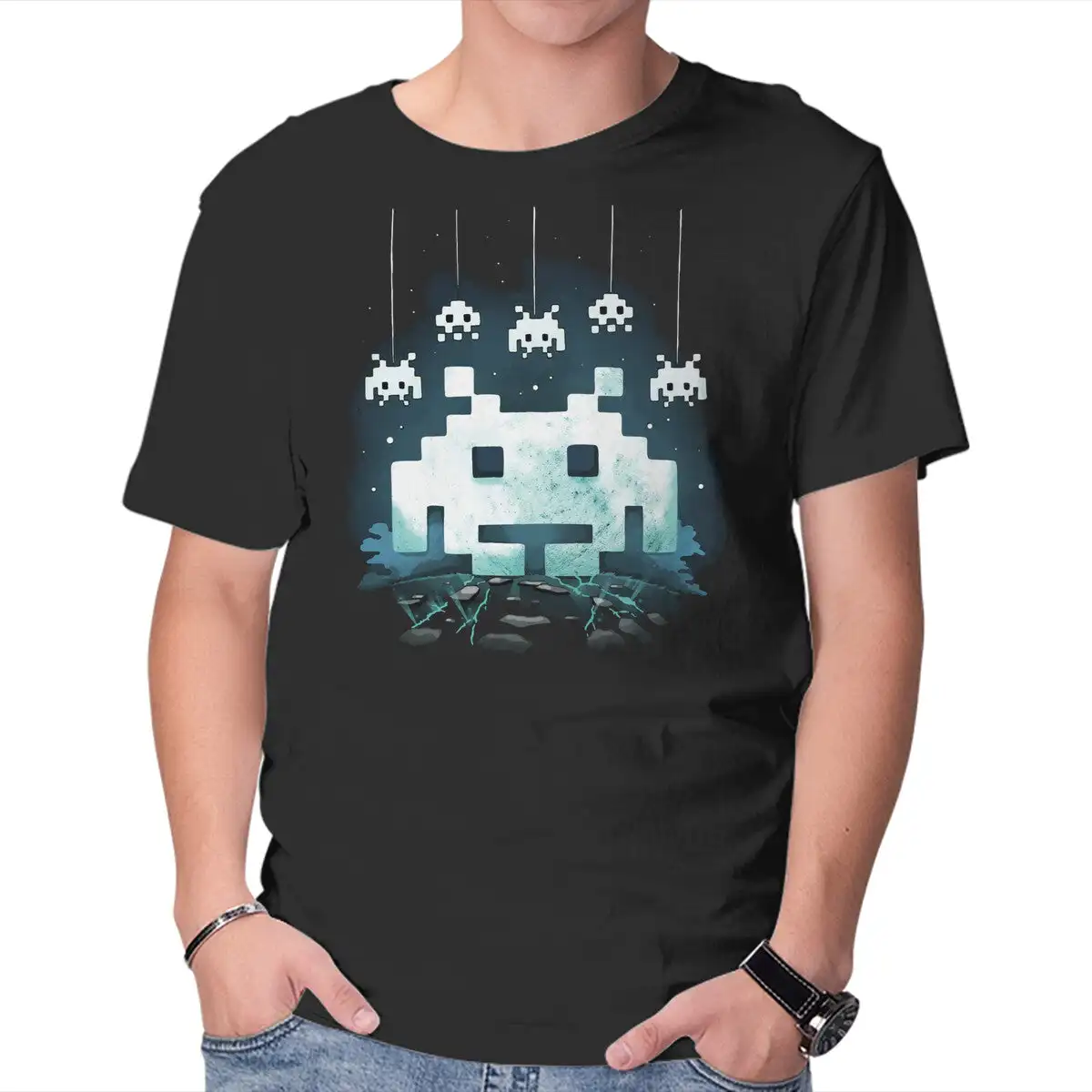 Фото Space Moon Invaders, футболки унисекс для мужчин и женщин, короткие летние футболки для пар, повседневная хлопковая одежда, новое поступление №1