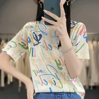 Thin Knitted Short-Sleeved Mulberry Silk T-Shirt In Summer With Women's Wool Printed Half-Sleeve Loose Ice Silk Bottoming Shirt - Image 6