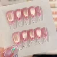 10pcs Aurora Cat Eye Handmade Press on Nails Pink Cherry Blossom False Nails Crystal Flower Pearl Fake Nails French Coffin Nail