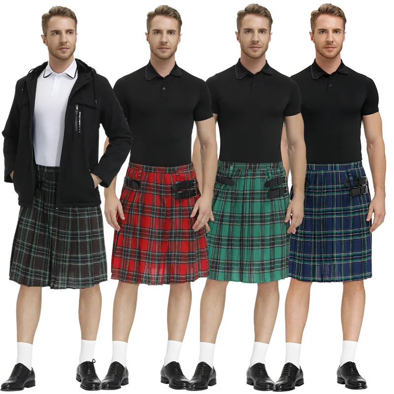 Mens Scozzese Tradizionale Highland Tartan Kilt Stage Performance Gonna Cosplay Halloween Carnival Fancy Party Dress