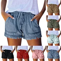 Ladies' Washed Solid Color Slimming Tassel Edge Denim Shorts Fashion Sexy Elastic Waist Leisure Pockets Summer Short Trousers - Image 5