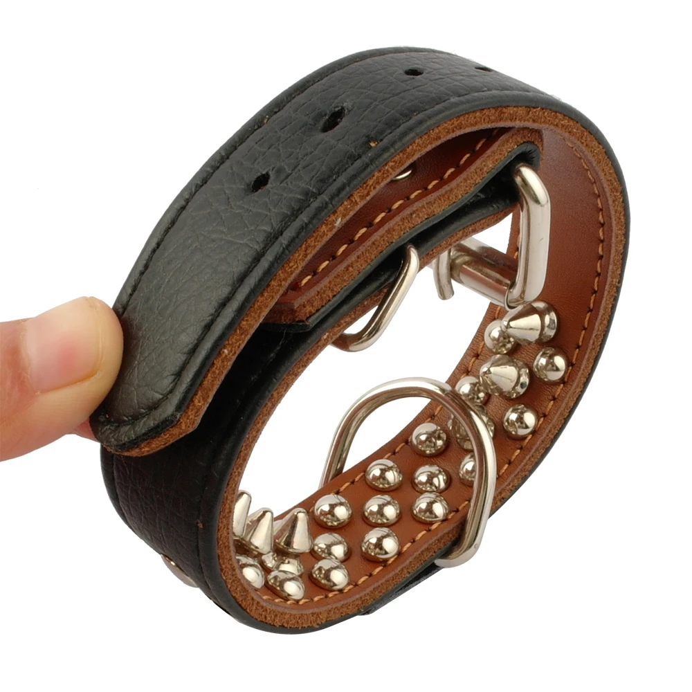 Spiked Studded Leather Dog Collar  -  black