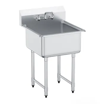 SucceBuy Stainless Steel Kitchen Prep & Utility Sink 1 Compartment Restaurant Commercial Steel Sink w/Faucet for Restaurant Home 1