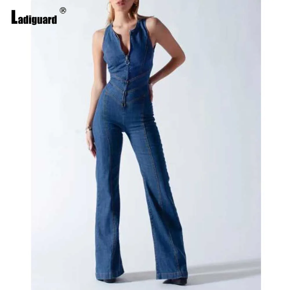 

Ladiguard 2023 European Style Fashion Jeans Demin Jumpsuit Plus Size Women Straight Leg Denim Trouser Royal Blue Halter Overalls