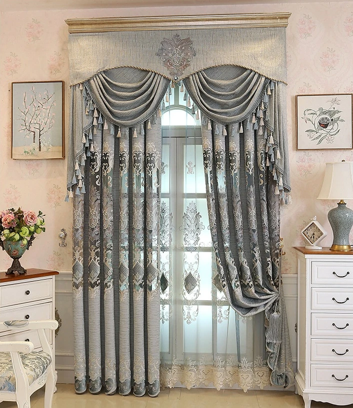 Modern European Style Curtains for Living Room Dining Bedroom Chenille Gray Curtain Embroidered Luxury Custom Size Window Drape