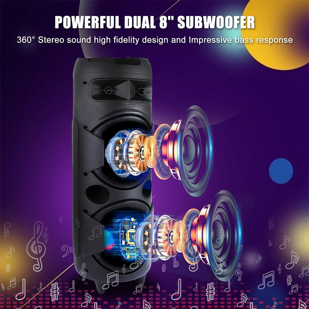 5000W Portable Bluetooth Speaker Subwoofer Heavy Bass Sound System Party with Microphone and Remote Dual 8"RGB Light 2