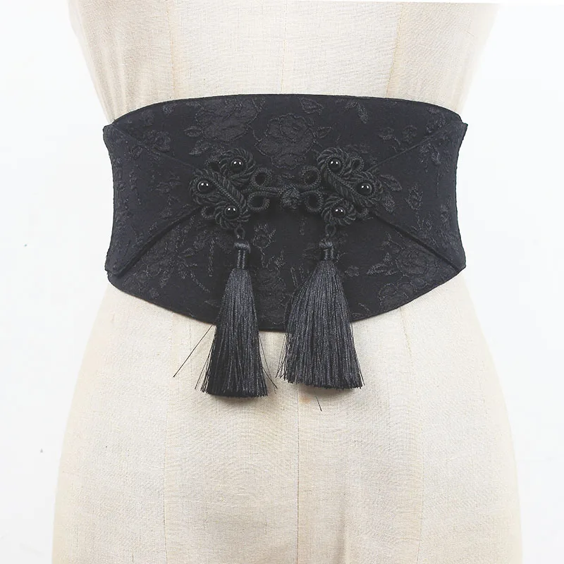 

Chinese Traditional Style Silk Satin Wide Waistbands Women Flower Printing Tassel Elastic Waist Belts Female Strech Corset Belt