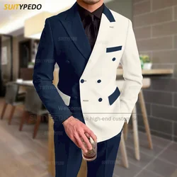 Fashion Black Ivory Splicing Men Suit Casual Party Classic Double Breasted Jacket Evening Dinner Elegant Blazer Pants Outfits