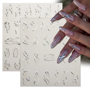 3D серебряная рамка, наклейка для ногтей, серебряные бронзовые полоски, линии, Слайдеры для ногтей, наклейки с племенным узором, мраморные цветущие татуировки для ногтей