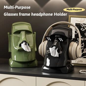 Support de rangement pour lunettes et écouteurs, rangement de bureau multifonction, boîte à mouchoirs Moai créative pour chambre à coucher ou Table de bureau décorative 1