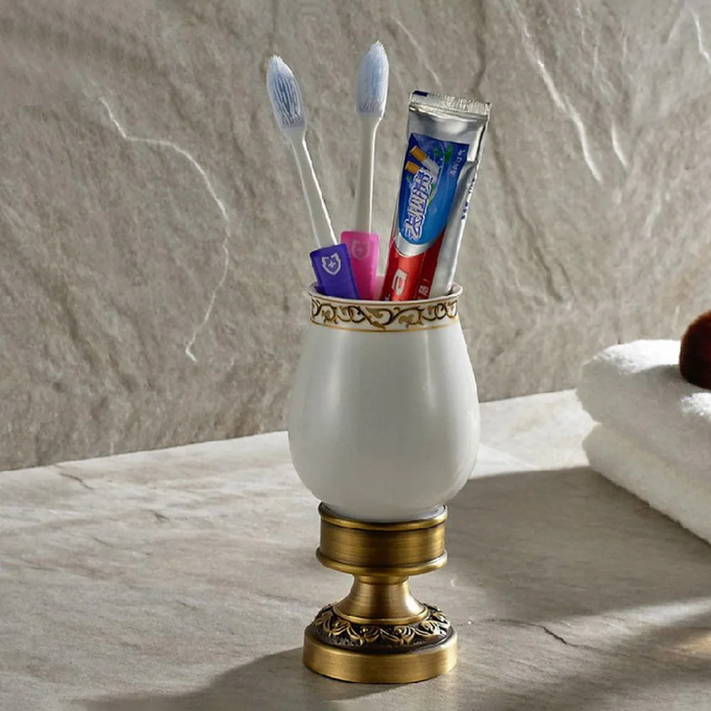 Antique Brass Carved Flower Pattern Toothbrush Holder with Single Ceramics Cup Deck Mounted Bathroom Accessories aba498