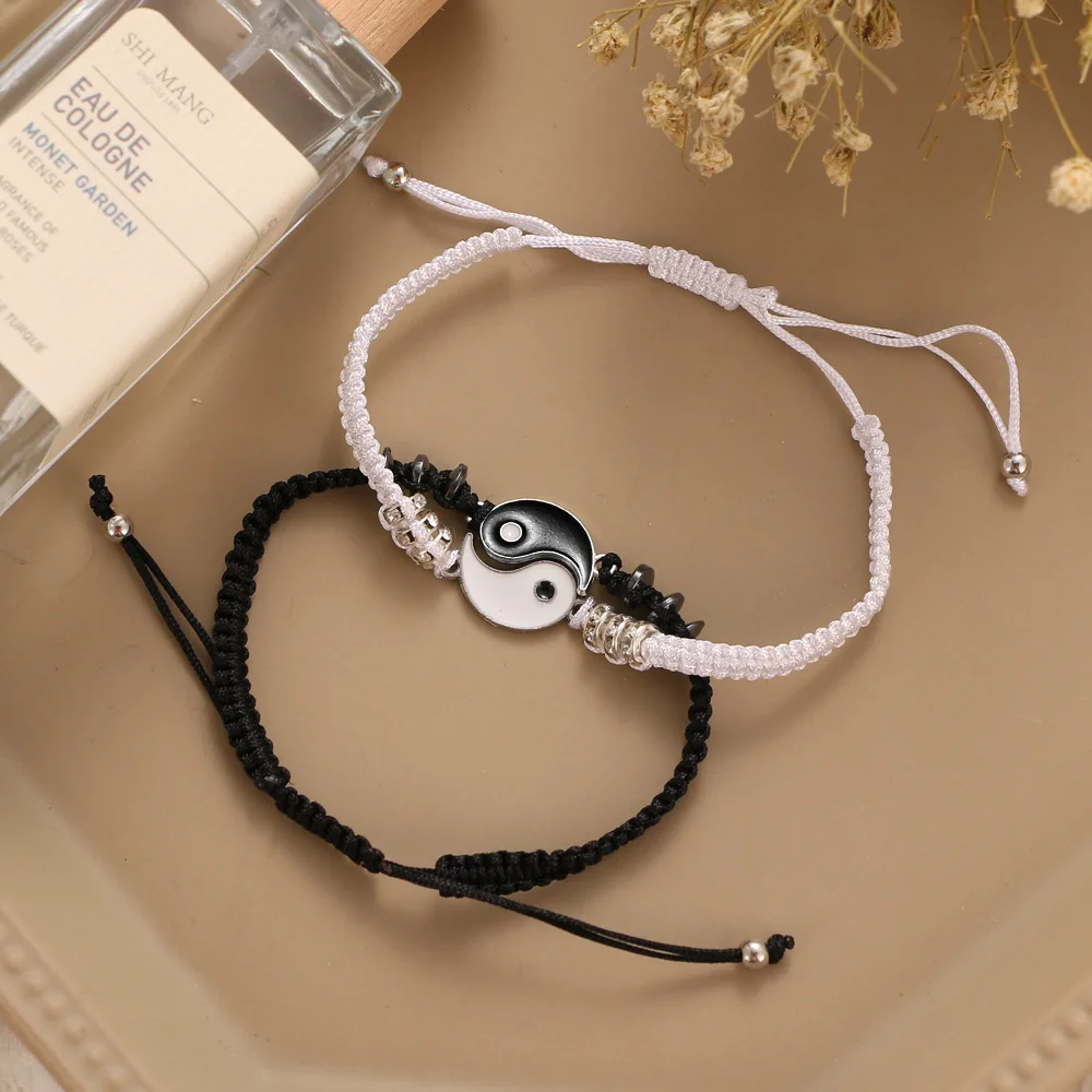 Tai Chi Yin Yang Couple Bracelets Alloy Pendant Adjustable Braid Chain