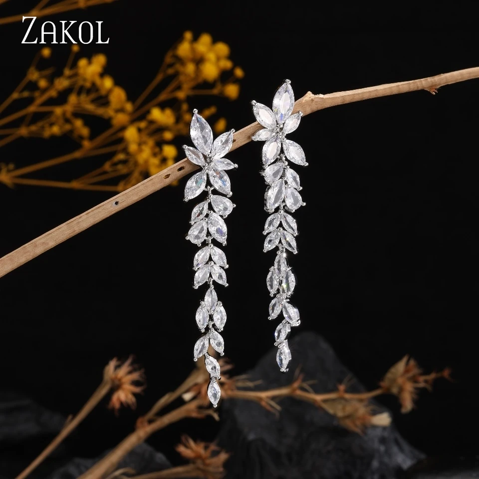 ZAKOL Wasser Tropfen Zirkon Blatt Form Braut Hochzeit Baumeln Ohrringe Für Frauen Temperament Elegante Party Geschenk Schmuck Zubehör