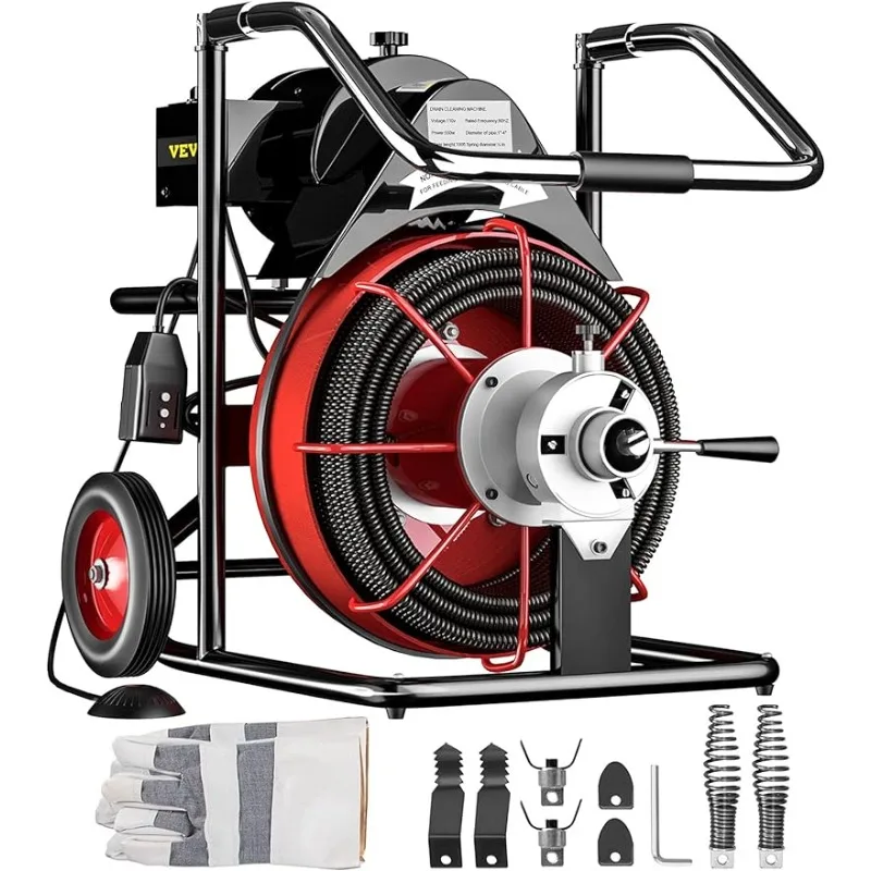 

100FT x 1/2 Inch Drain Cleaning Machine 550W Sewer Snake Auger Cleaner with 4 Cutters & Air-Activated Foot Switch