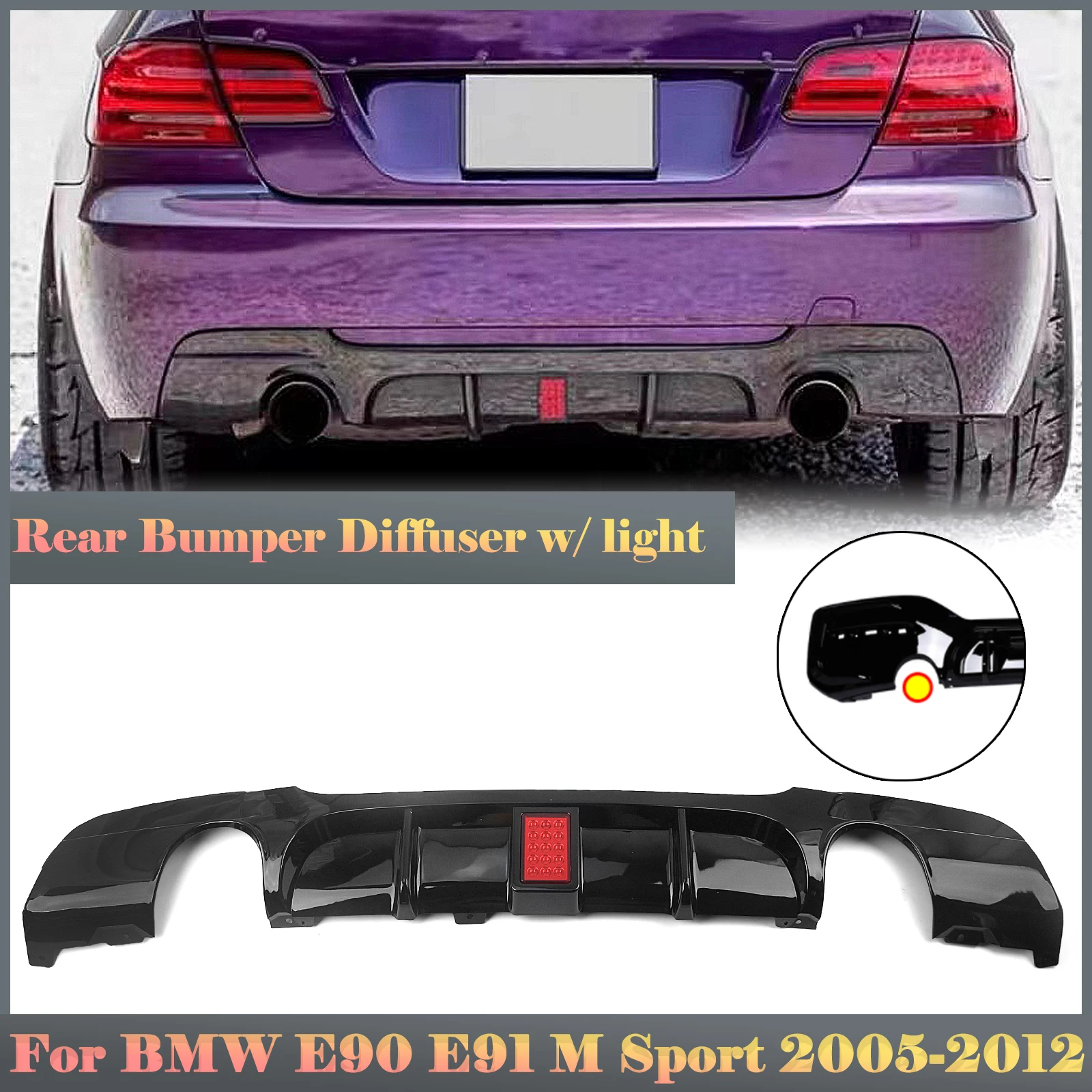 

Glossy Black Car Rear Bumper Diffuser Lip Dual Exhaust Splitter Spoiler W/ LED Light For BMW E90 E91 2005-2012 M Sport