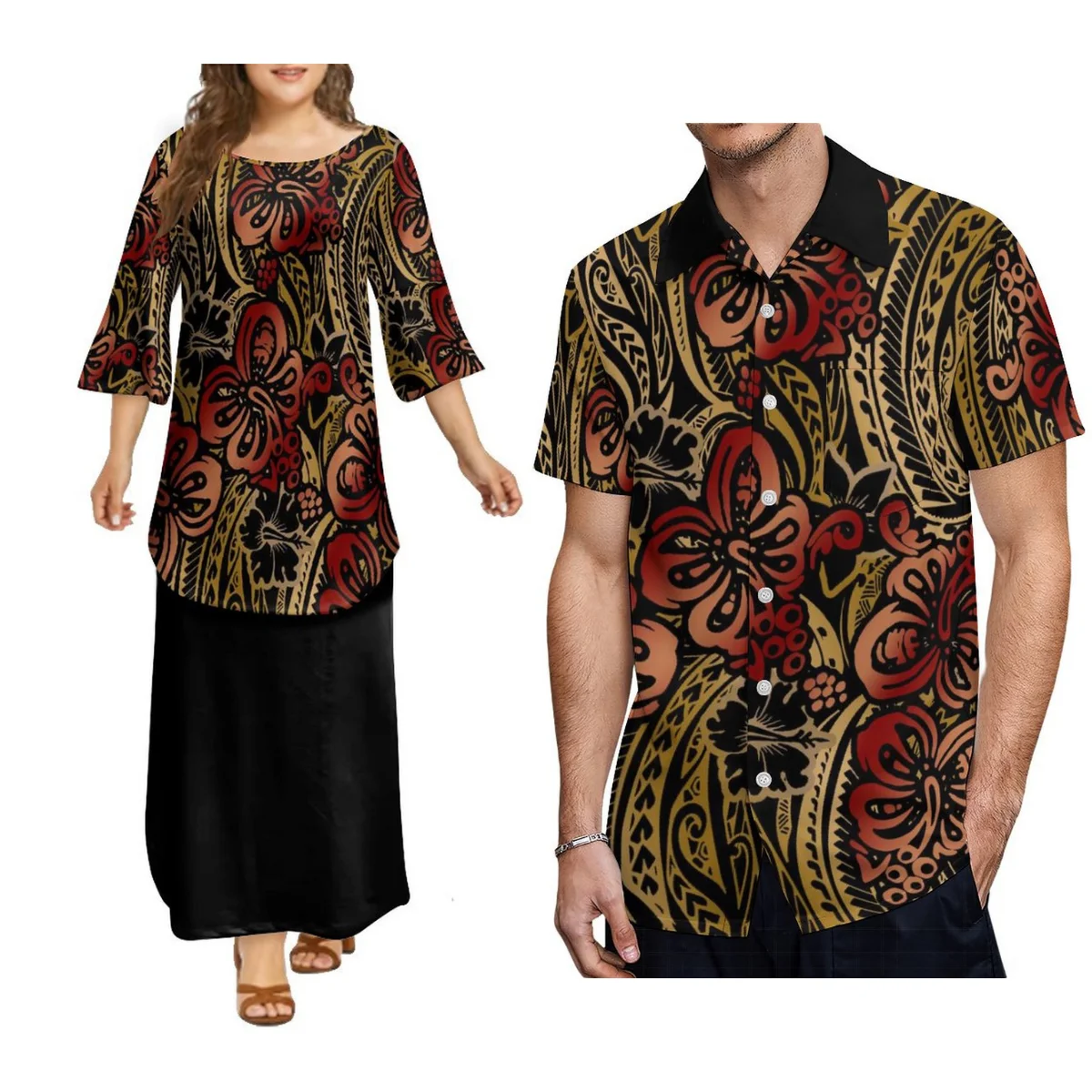 

Custom Polynesian Dress Crew Neck Puletasi Tonga Oversize Samoan Tribal Dress Half Bell Sleeves Women Set