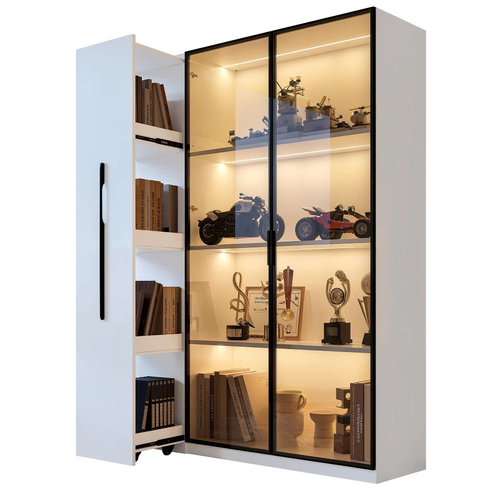 110,5×35×160 cm große Multifunktionsvitrine mit Glastür und LED, Seitenschublade, Bücherregal, Badezimmerschrank, Wohnzimmerschrank – Detail 28