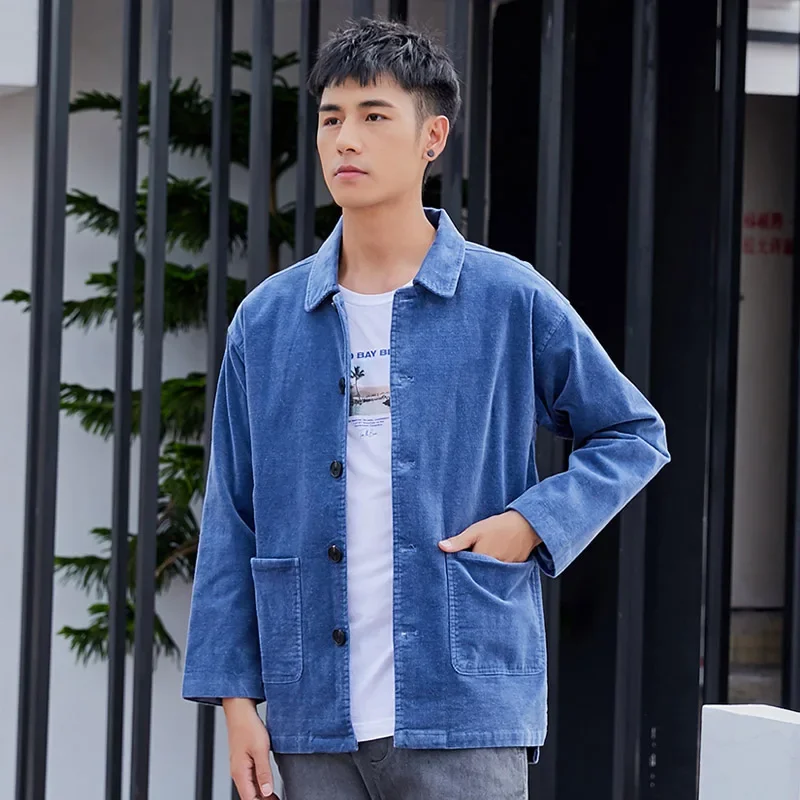 

Куртка мужская кордуарная свободная, верхняя одежда средней длины, повседневный топ с отложным воротником, модная верхняя одежда, осень