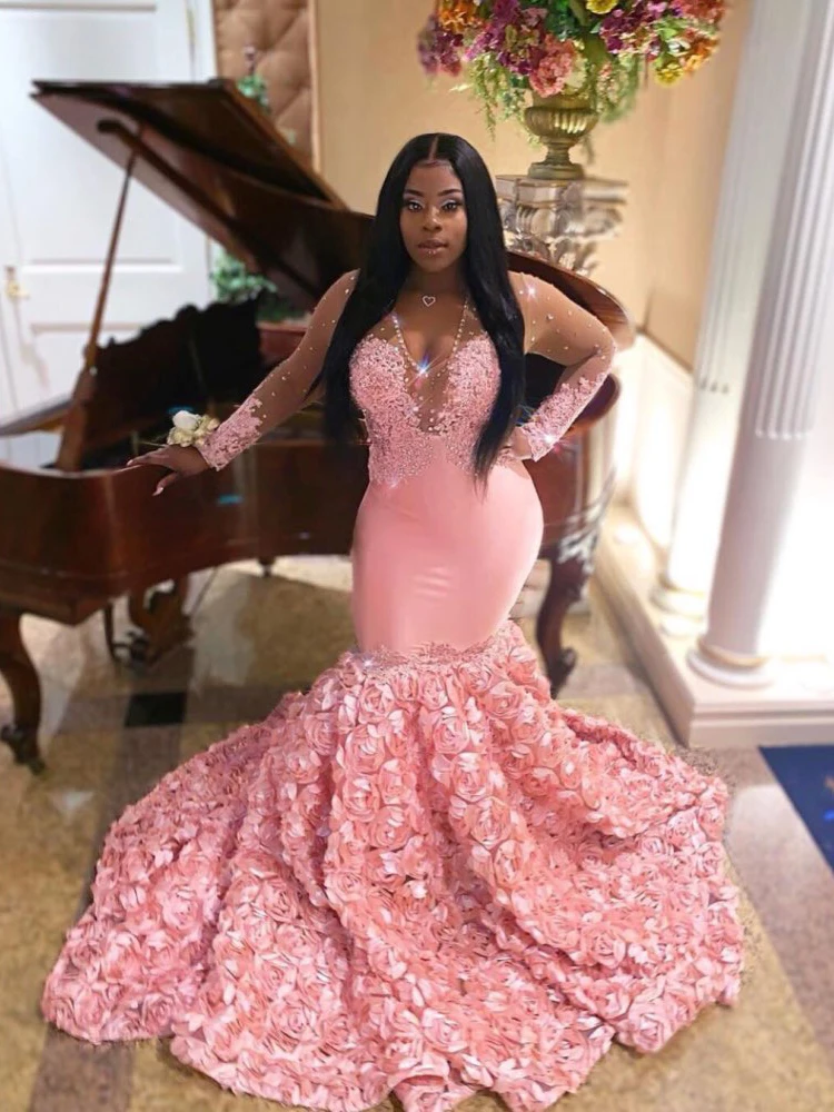 

Pink Prom Dresse Meimaid 2023 Luxury for Black Girls Long Sleeves 3D FLowers African Women Formal Party Evening Gowns Plus Size