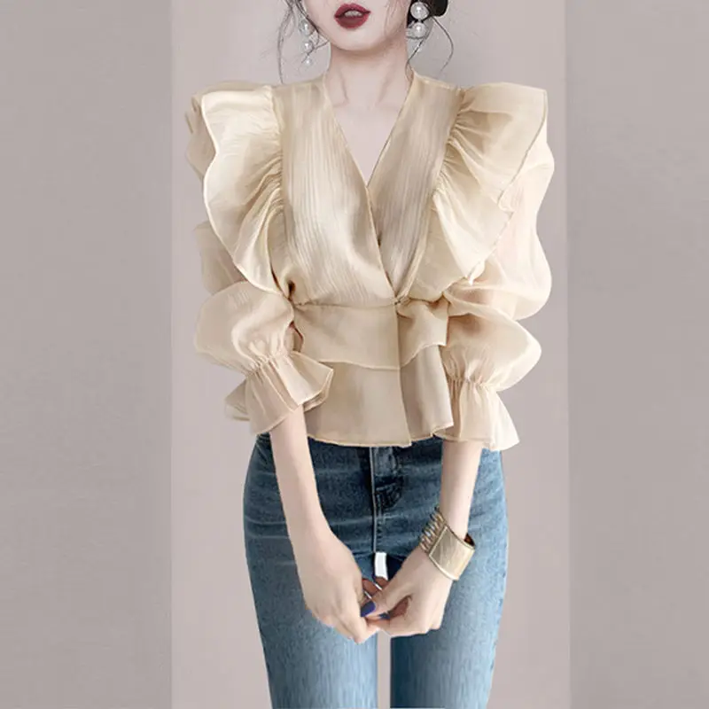 2023 New Spring and Summer Fairy Style Age Reducing V-Neck Panel Ruffle Edge Short Top Long Sleeve Sunscreen Cute Women's Shirt