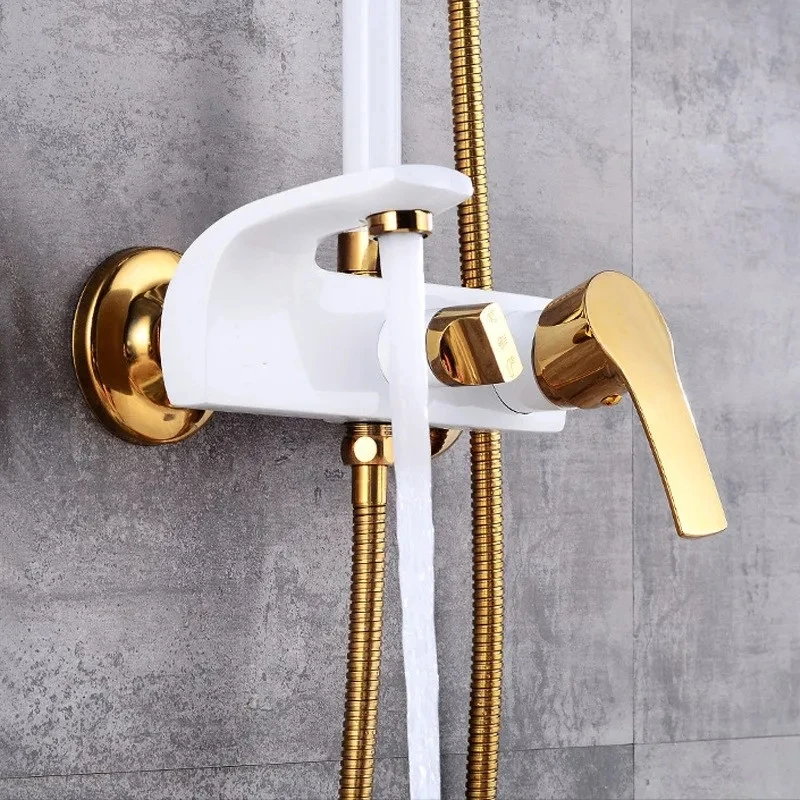 KEMAIDI Bathroom Shower Set W/ Shelf Wall Mount Shower System Hot & Cold Mixer White Gold Rainfall Bathtub Shower Faucet Set images - 6