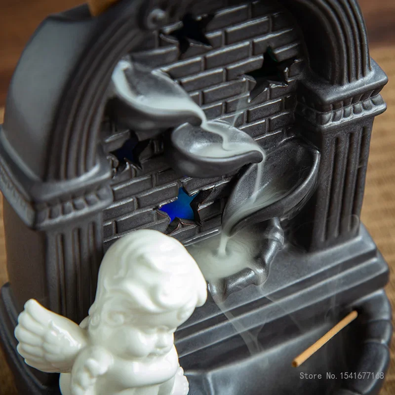 Creative Backflow Incense Burner, Ceramic LED Home Decoration Aromatherapy Burner with Light, Love, Old City, European Style 1Pc