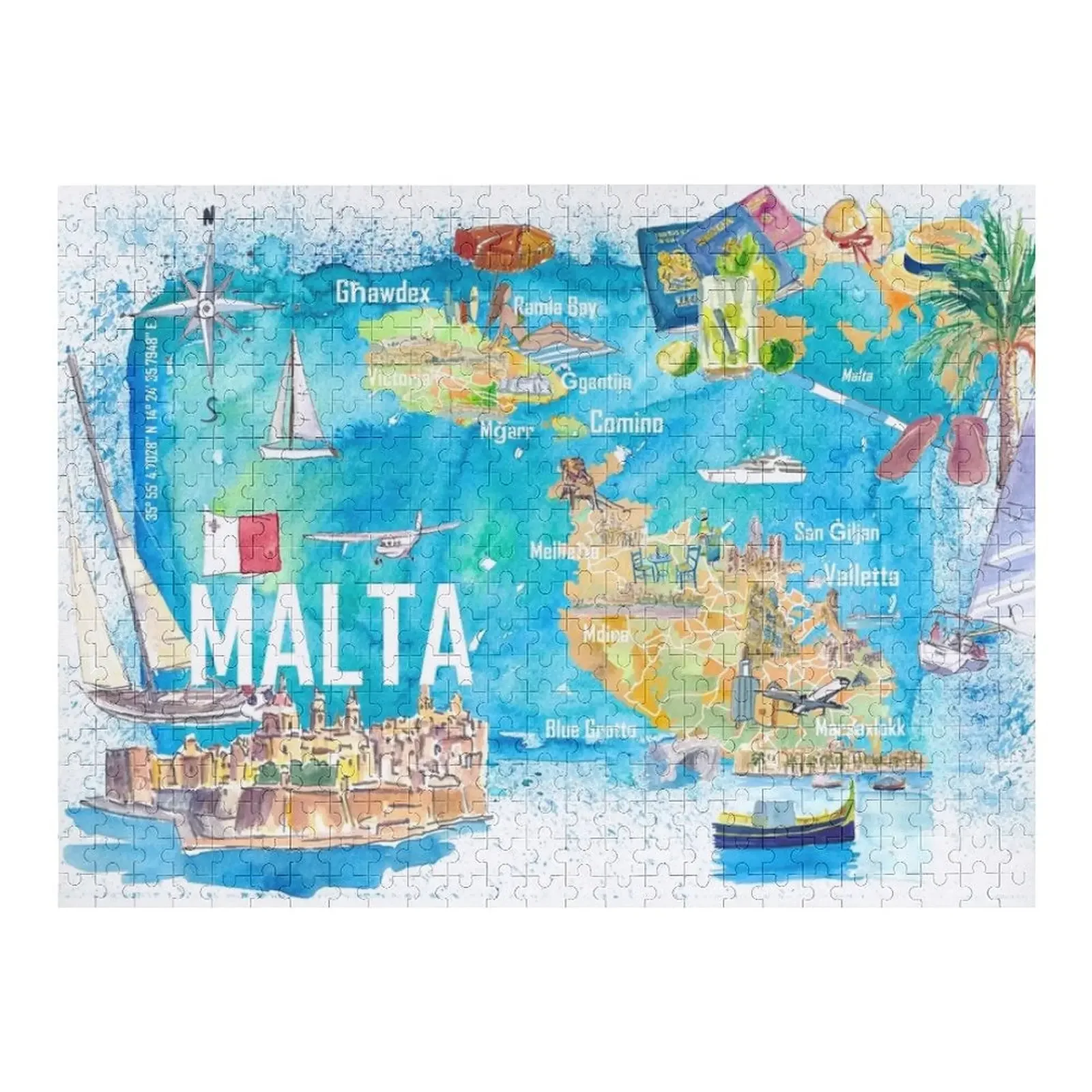 

Malta Illustrated Island Travel Map with Roads and Highlights Jigsaw Puzzle Wood Animals Customizable Child Gift Puzzle