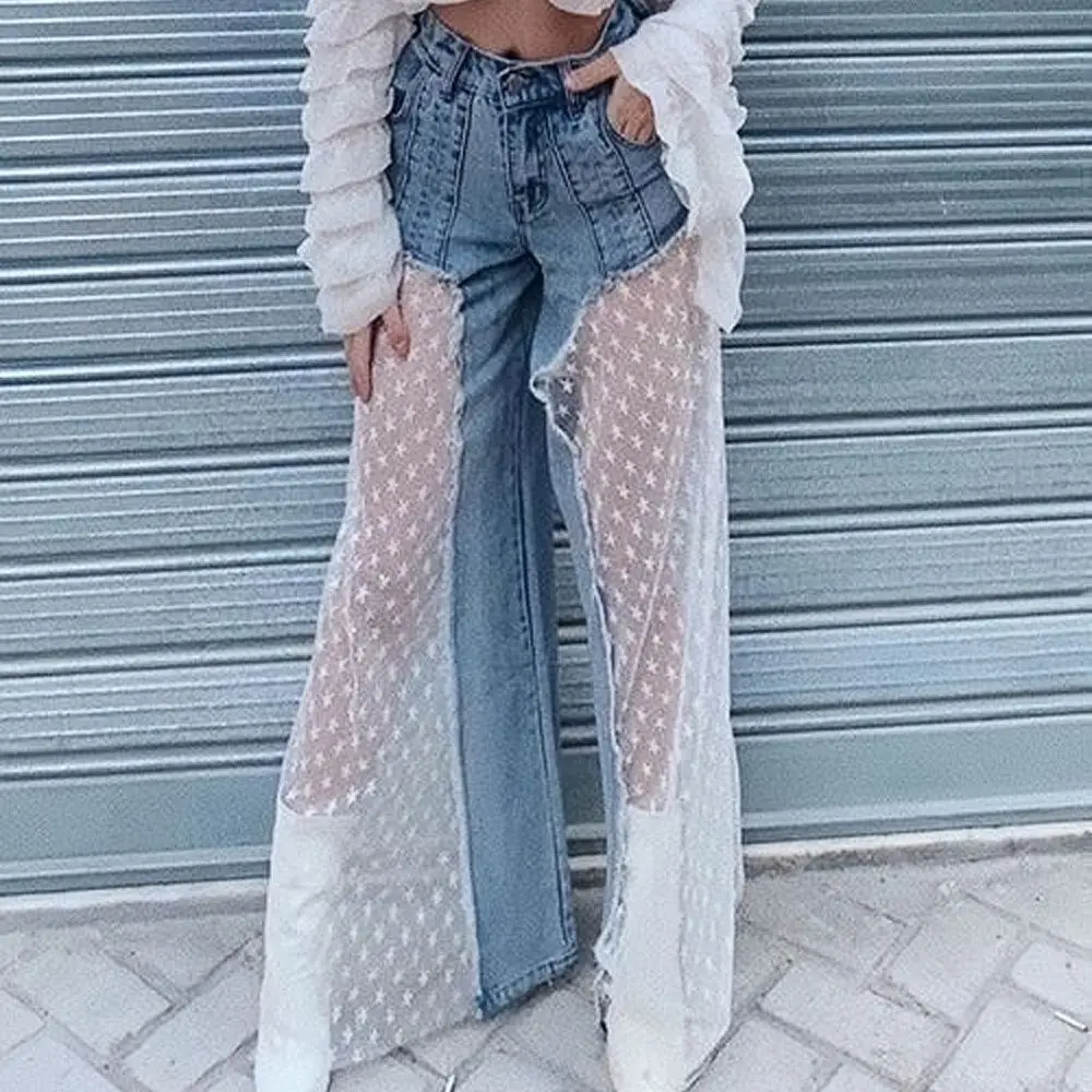 

High Waist Wide Leg Pants for Women 2024 New Sexy Perspective Hollow Mesh Spliced Jeans Y2k Jeans Streetwear