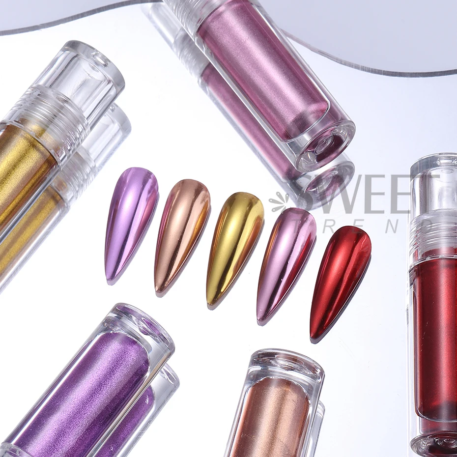 Metallic Liquid Mirror Chrome Powder For Nails Tube Design Rubbing Pigment With Brush Gold Silver Polish Glitter Manicure Decor