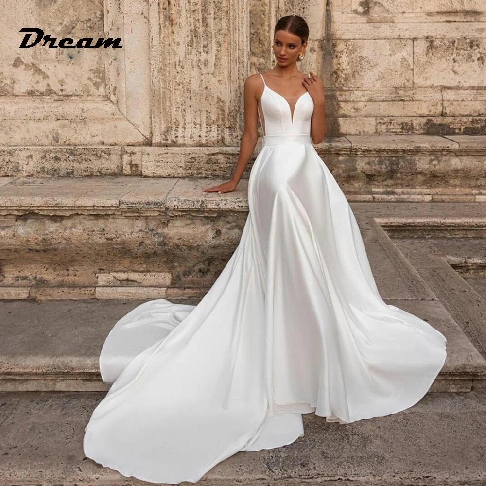 DREAM Customized Satin Spaghetti Straps A-Line Wedding Dresses Sexy Backless Bridal Gowns Sweep Train Vestidos Novias Boda 2025 1