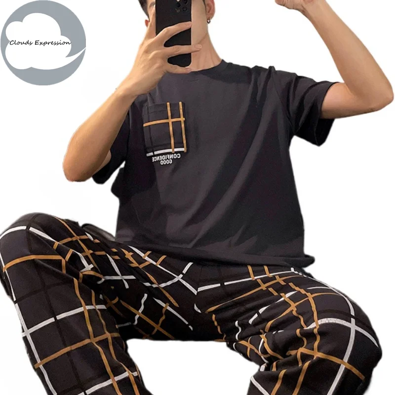 Summer Knitted Plaid Cool Mens Pyjamas Pajamas Casual Lounge Sets Sleepwear Nightwear 3XL