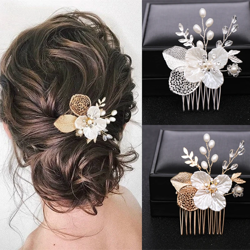 Gold Or Silver Pearl Flower Leaf Crystal Hair Comb Pin Band For Women Bride Wedding Bridal Hair Accessories Jewelry Comb Gift