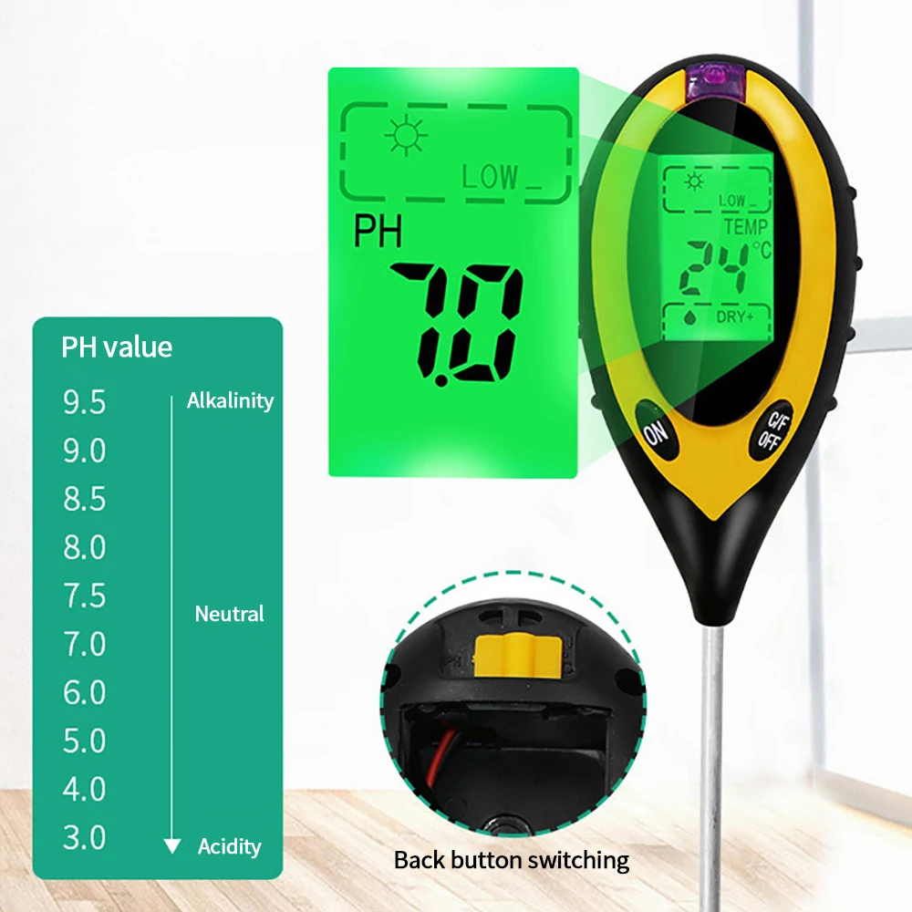 Soil PH Meter Tester Soil Tester Meter Moisture Monitor Temperature Sunlight for Gardening Plants Farming With Blacklight